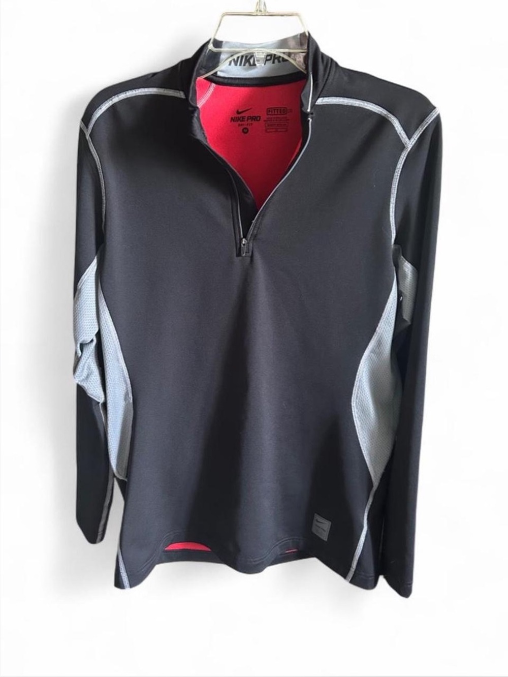 Nike Pro Men’s Black Performance 1/4 Zip Jacket with Gray Panels and Red Lining